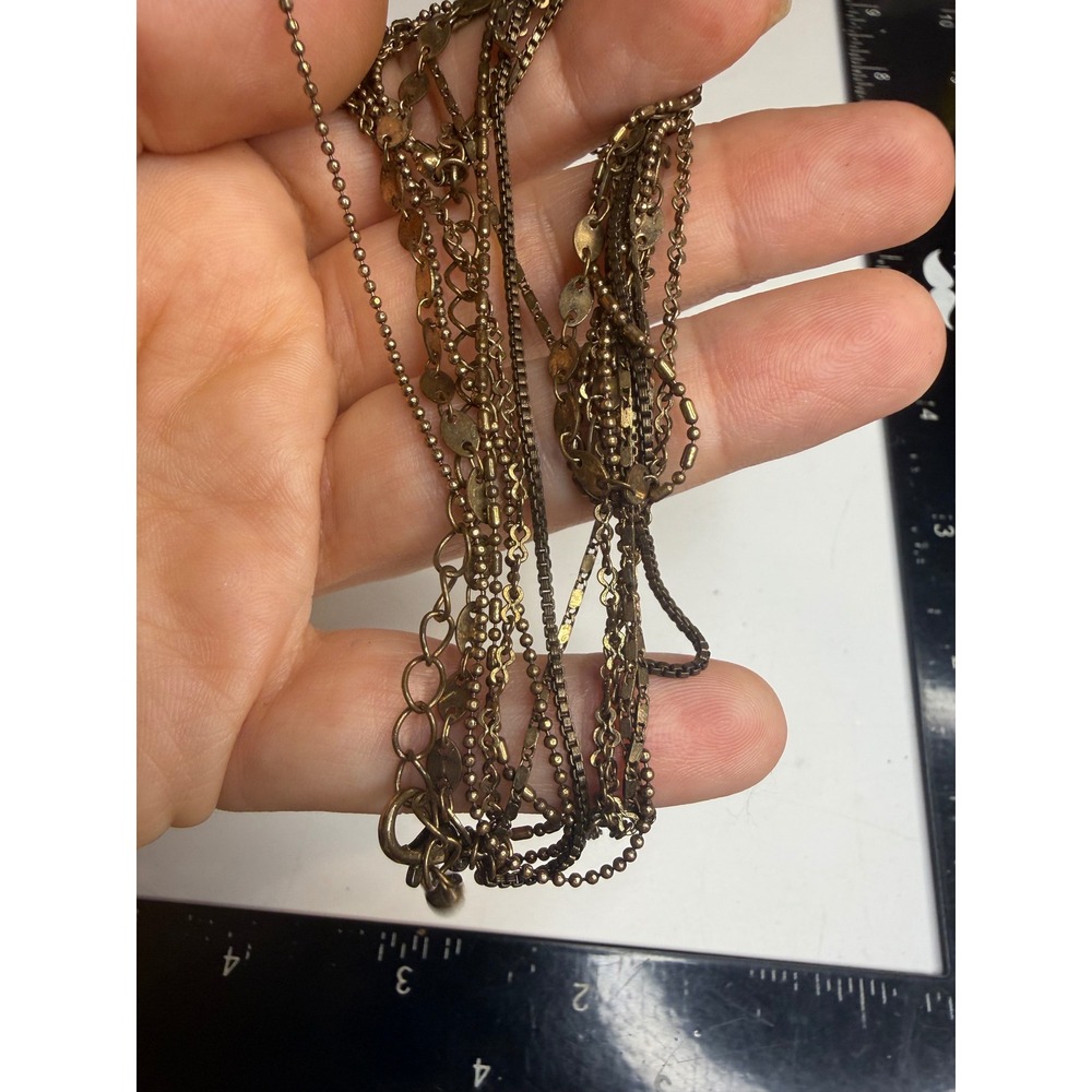 Antique Brass Tone Multi Strand Layered Chain Necklace Mixed Links Adjustable